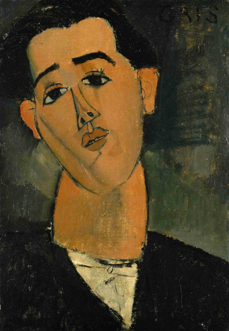 Juan Gris,Amedeo Modigliani,Oil Painting,Oil Painting, solo, 1boy, black hair, male focus, black eyes