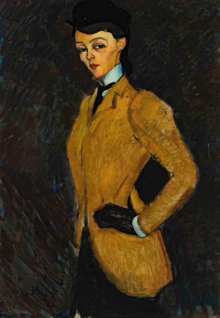 L'amazone,Amedeo Modigliani,Oil Painting,Oil Painting, solo, 1girl, gloves, hat, black hair, black gloves