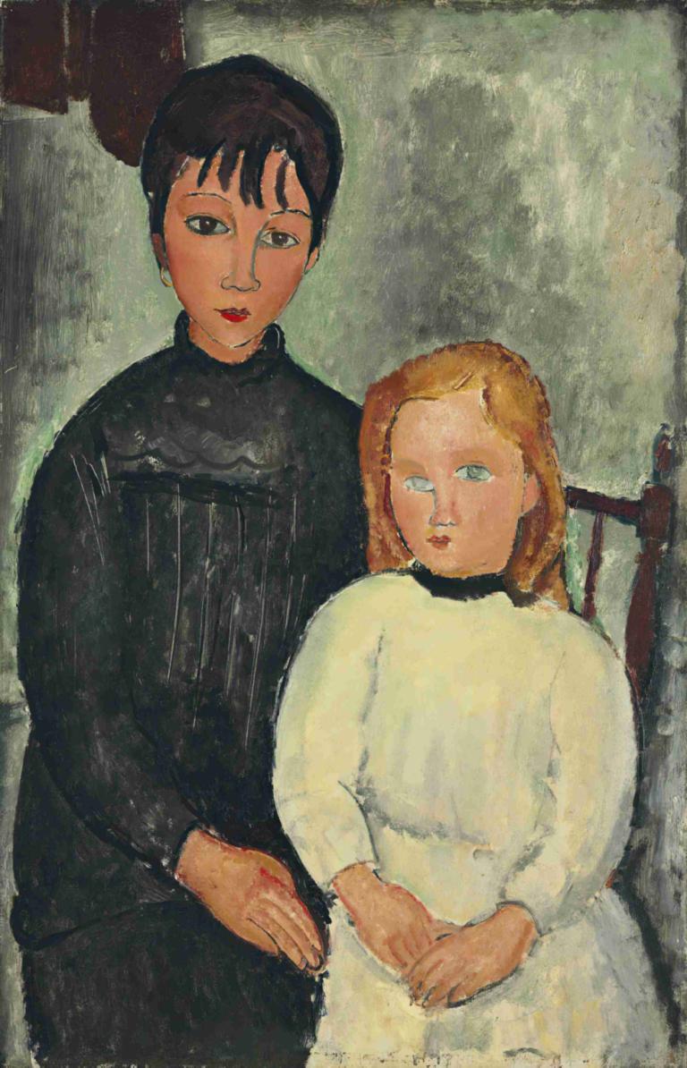 Les deux filles,Dve dekleti,Amedeo Modigliani,Oljna slika,Oljna slika, več deklet, 2 dekleta, Črni lasje