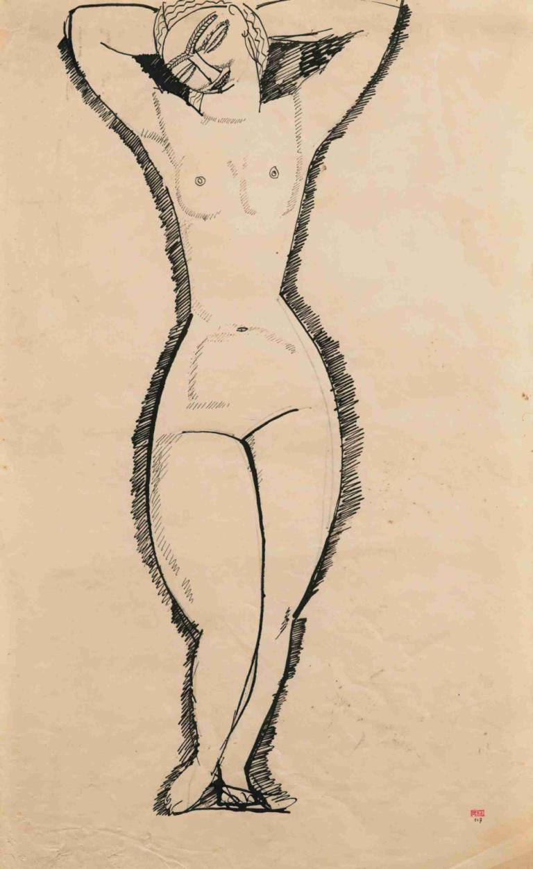 Nu De Face, Bras Levés,裸脸，举臂,Amedeo Modigliani,阿梅迪奥-莫迪里阿尼,素描,素描, 1个女孩, 独奏, 乳头, 裸体, 乳房, 单色, 脐, 说谎, 腋窝, 双臂置于脑后