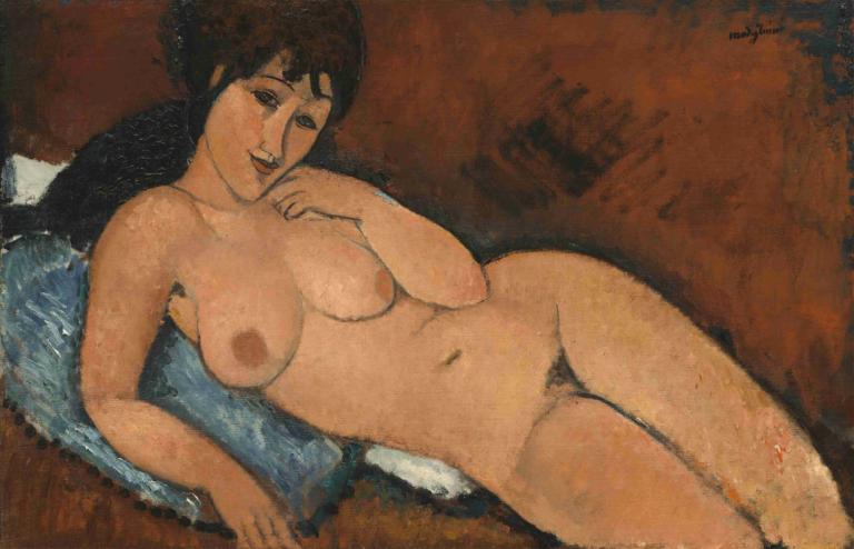 Nude on a Blue Cushion,Γυμνό σε μπλε μαξιλάρι,Amedeo Modigliani,Ελαιογραφία,Ελαιογραφία, 1 κορίτσι, θηλές