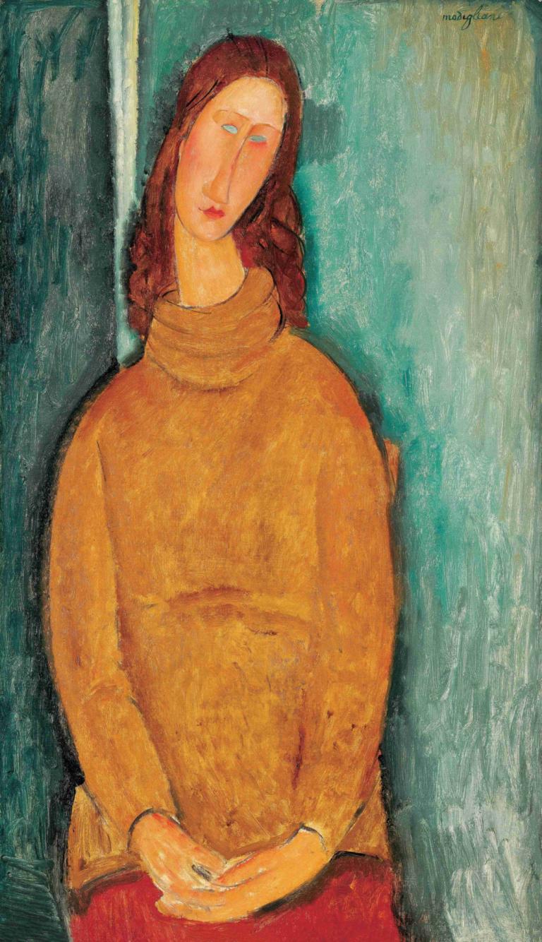 Portrait Of Jeanne Hébuterne,잔느 헤부테른의 초상화,Amedeo Modigliani,아메데오 모딜리아니,오일 페인팅,오일 페인팅, 여자 1명, 독주, 긴 머리