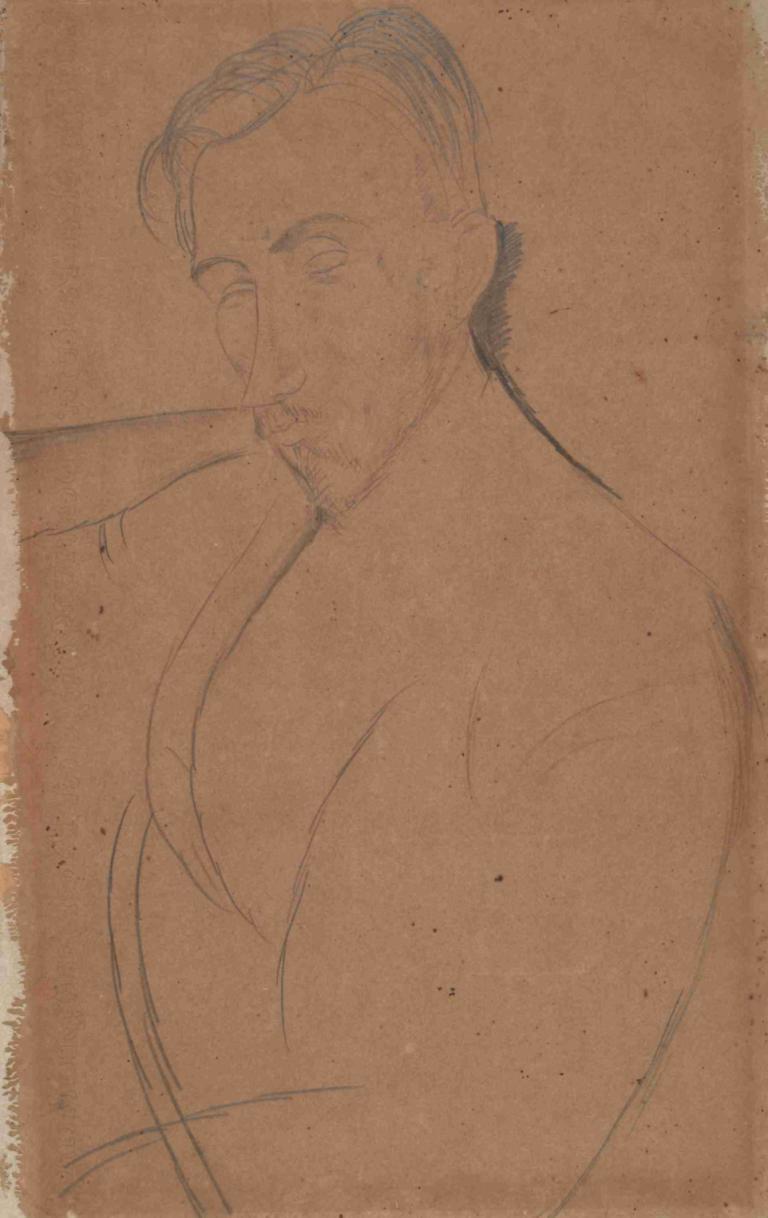 Portrait of Donato Frisia,多纳托-弗里西亚肖像,Amedeo Modigliani,阿梅迪奥-莫迪里阿尼,素描,素描, 1男孩, 男性焦点, 独奏, 胡子, 单色, 胡须, 胸肌, 草图