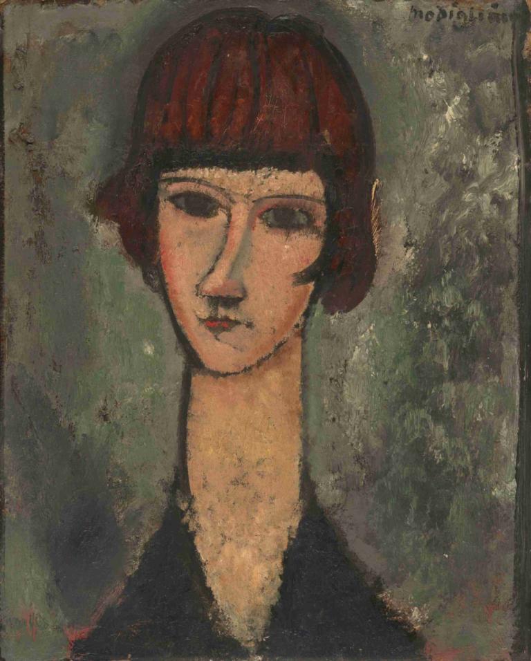 Portrait of a Woman,一个女人的肖像,Amedeo Modigliani,阿梅迪奥-莫迪里阿尼,油画,油画, 1个女孩, 独奏, 短发, 黑眼睛, 看着观众, 刘海, 钝刘海, 鲍勃切, 肖像