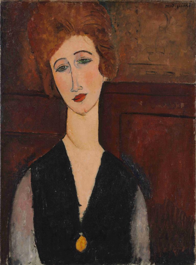 Portrait of a Woman,一个女人的肖像,Amedeo Modigliani,阿梅迪奥-莫迪里阿尼,油画,油画, 独奏, 1个女孩, 棕色的头发, 上半身, 绿眼睛, 传统媒体, 看着观众, 红唇, 口红