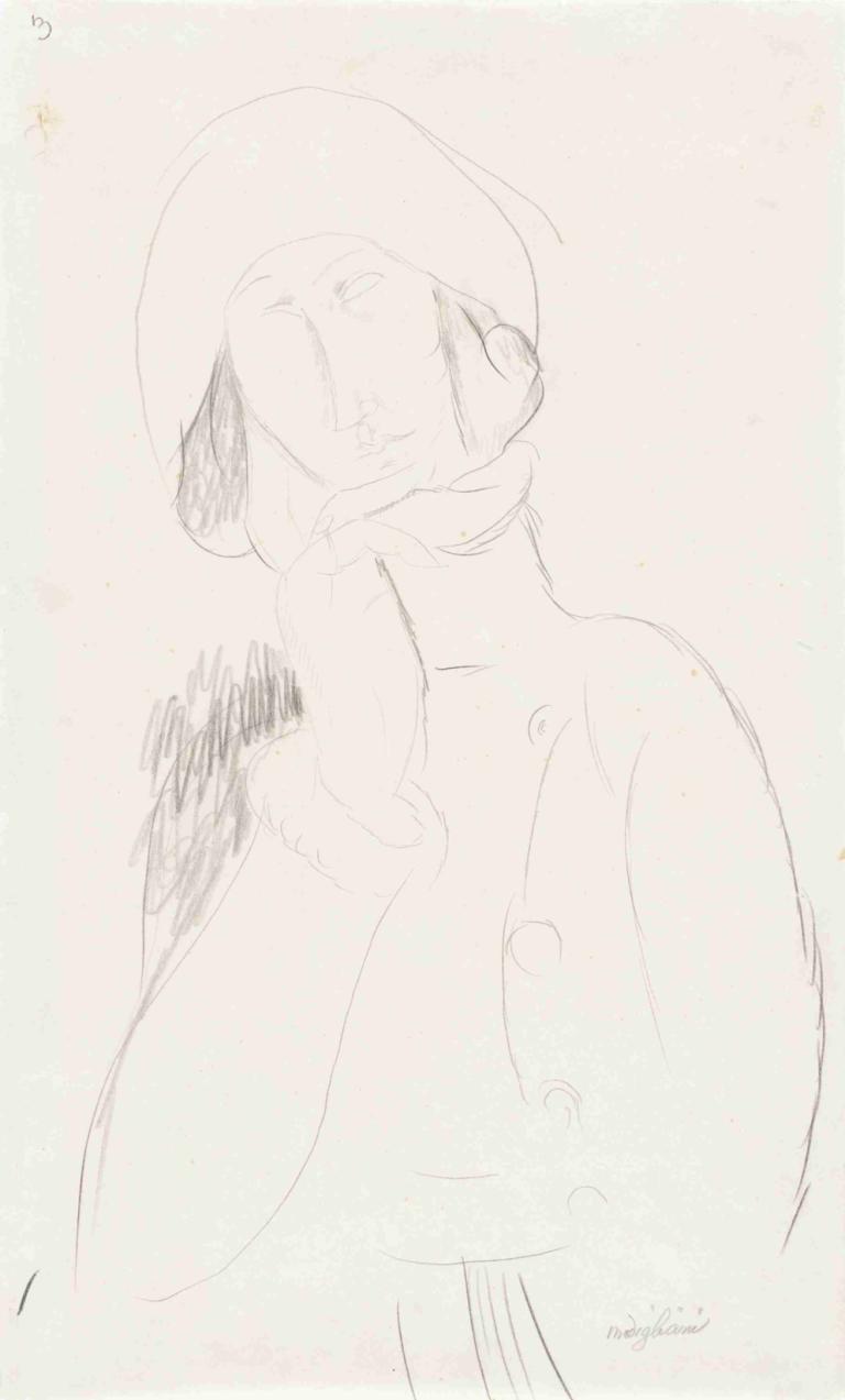 Portrait of a Woman,一个女人的肖像,Amedeo Modigliani,阿梅迪奥-莫迪里阿尼,素描,素描, 独奏, 1个女孩, 草图, 单色, 简单的背景