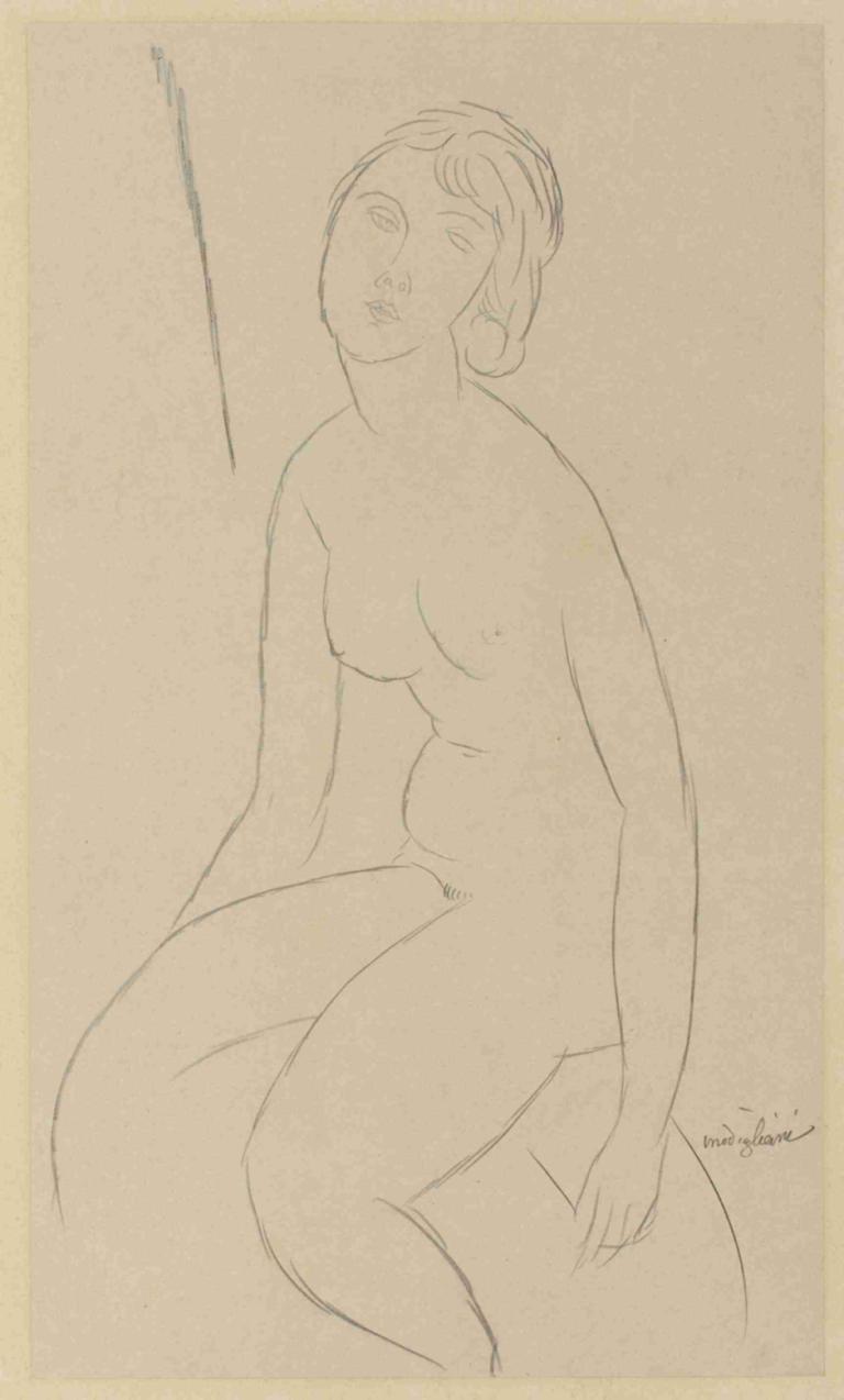 Seated Nude,앉은 누드,Amedeo Modigliani,아메데오 모딜리아니,스케치,스케치, 여자 1명, 젖꼭지, 독주, 가슴, 나체상, 단색화, 배꼽, 좌석, 스케치, 중간 가슴