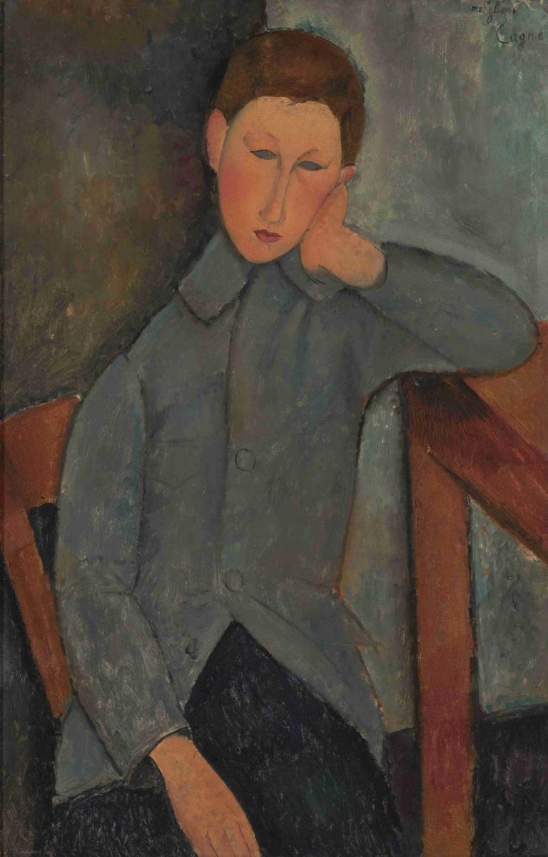 The Boy,더 보이,Amedeo Modigliani,아메데오 모딜리아니,오일 페인팅,오일 페인팅, 독주, 1남, 남성 집중, 갈색 머리, 셔츠, 회색 셔츠, 좌석, 긴 소매, 전통 미디어