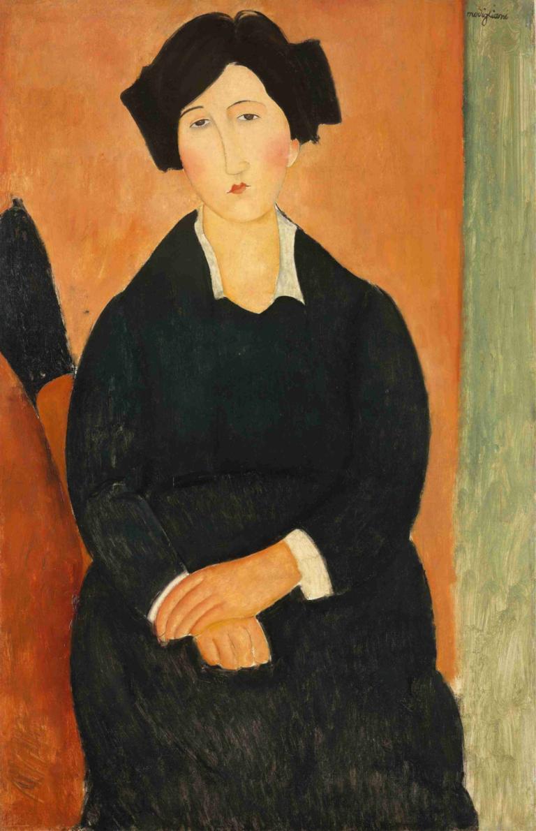 The Italian,이탈리아어,Amedeo Modigliani,아메데오 모딜리아니,오일 페인팅,오일 페인팅, 여자 1명, 독주, 흑발, 짧은 머리, 긴 소매, 전통 미디어, 드레스, 검정 드레스