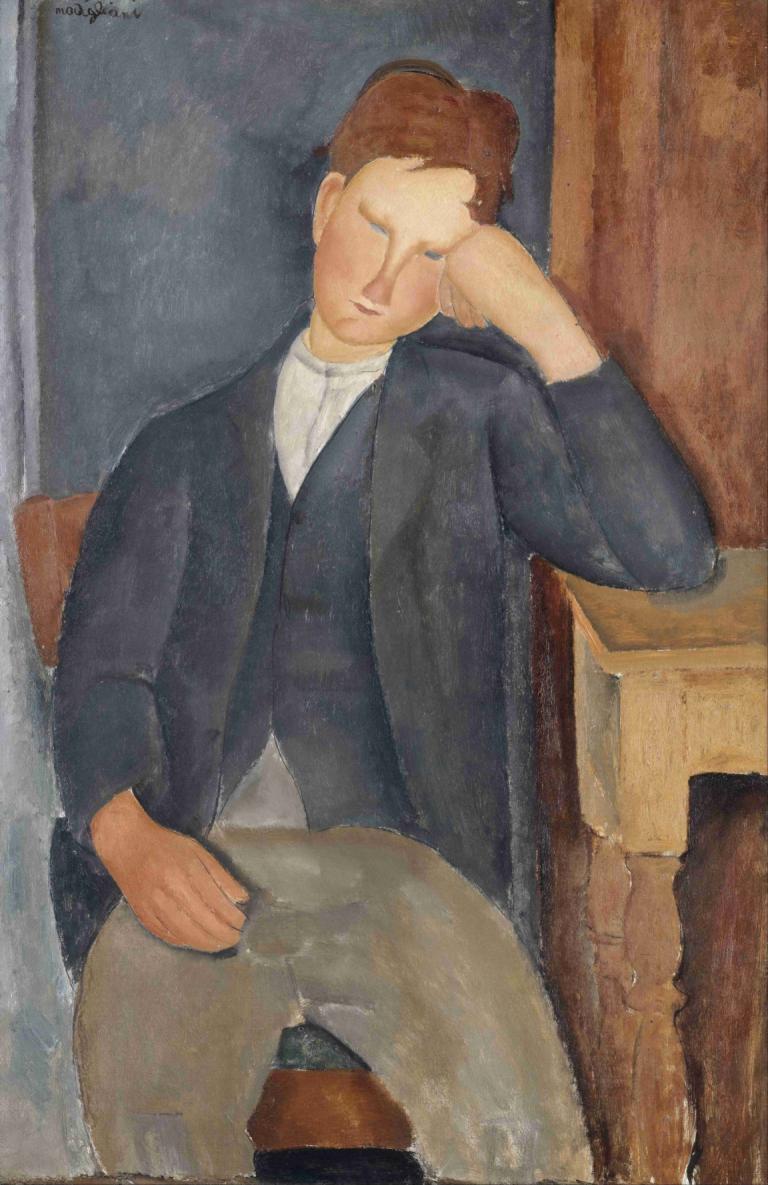 The Young Apprentice,젊은 견습생,Amedeo Modigliani,아메데오 모딜리아니,오일 페인팅,오일 페인팅, 1남, 독주, 남성 집중, 좌석, 머리 기울임, 갈색 머리, 바지