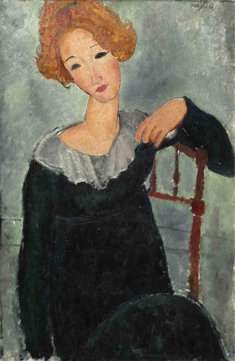 Woman with Red Hair,빨간 머리의 여성,Amedeo Modigliani,아메데오 모딜리아니,오일 페인팅,오일 페인팅, 여자 1명, 독주, 드레스, 검정 드레스, 좌석, 전통 미디어