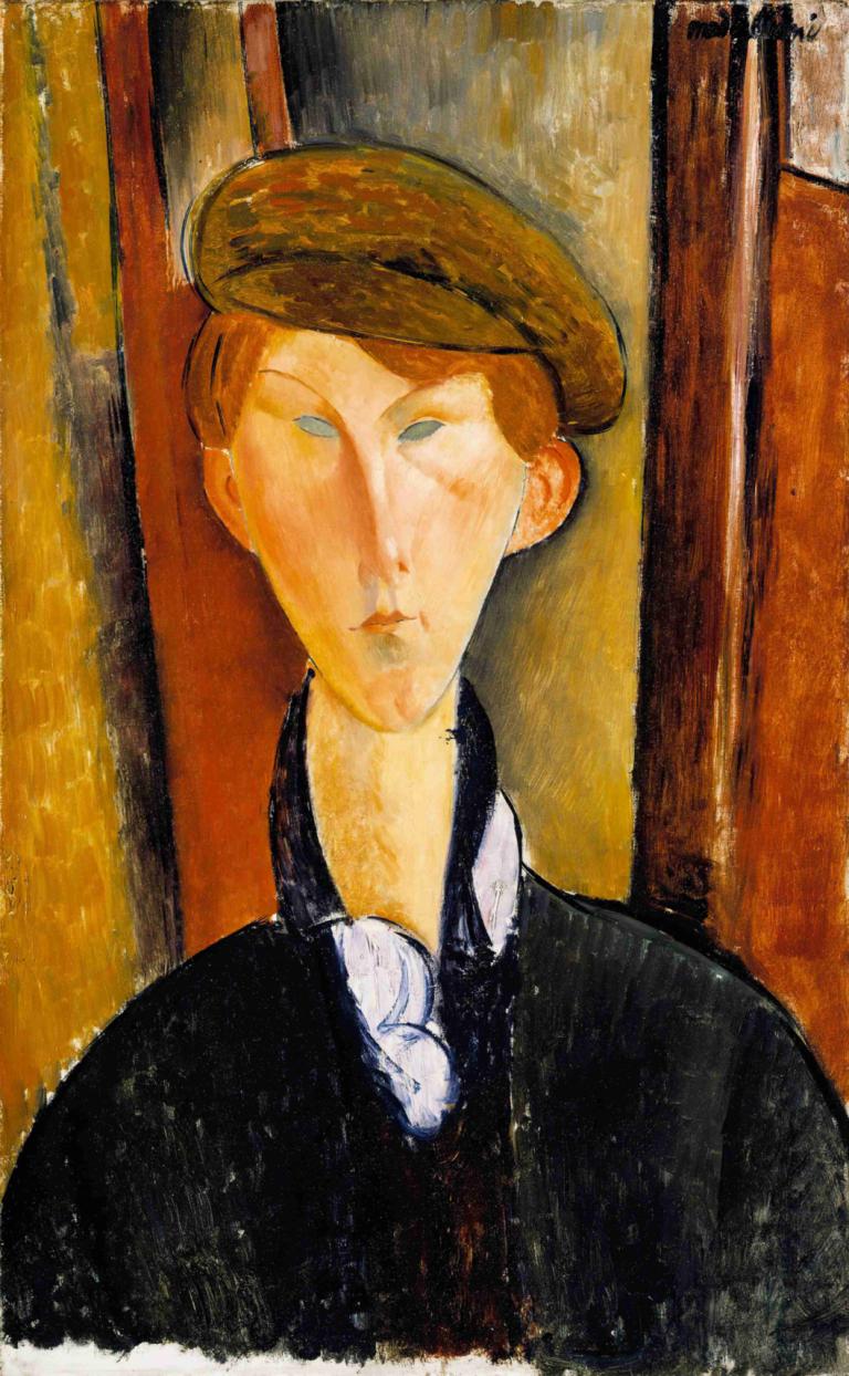 Young Man with a Cap,모자를 쓴 젊은 남자,Amedeo Modigliani,아메데오 모딜리아니,오일 페인팅,오일 페인팅, 1남, 남성 집중, 독주, 전통 미디어, 상체