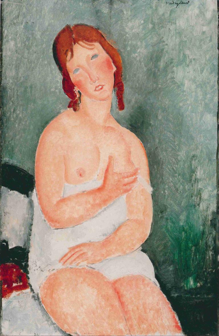 Young Woman In A Shirt, 1918,Amedeo Modigliani,Oil Painting,Oil Painting, solo, 1girl, nipples, head tilt