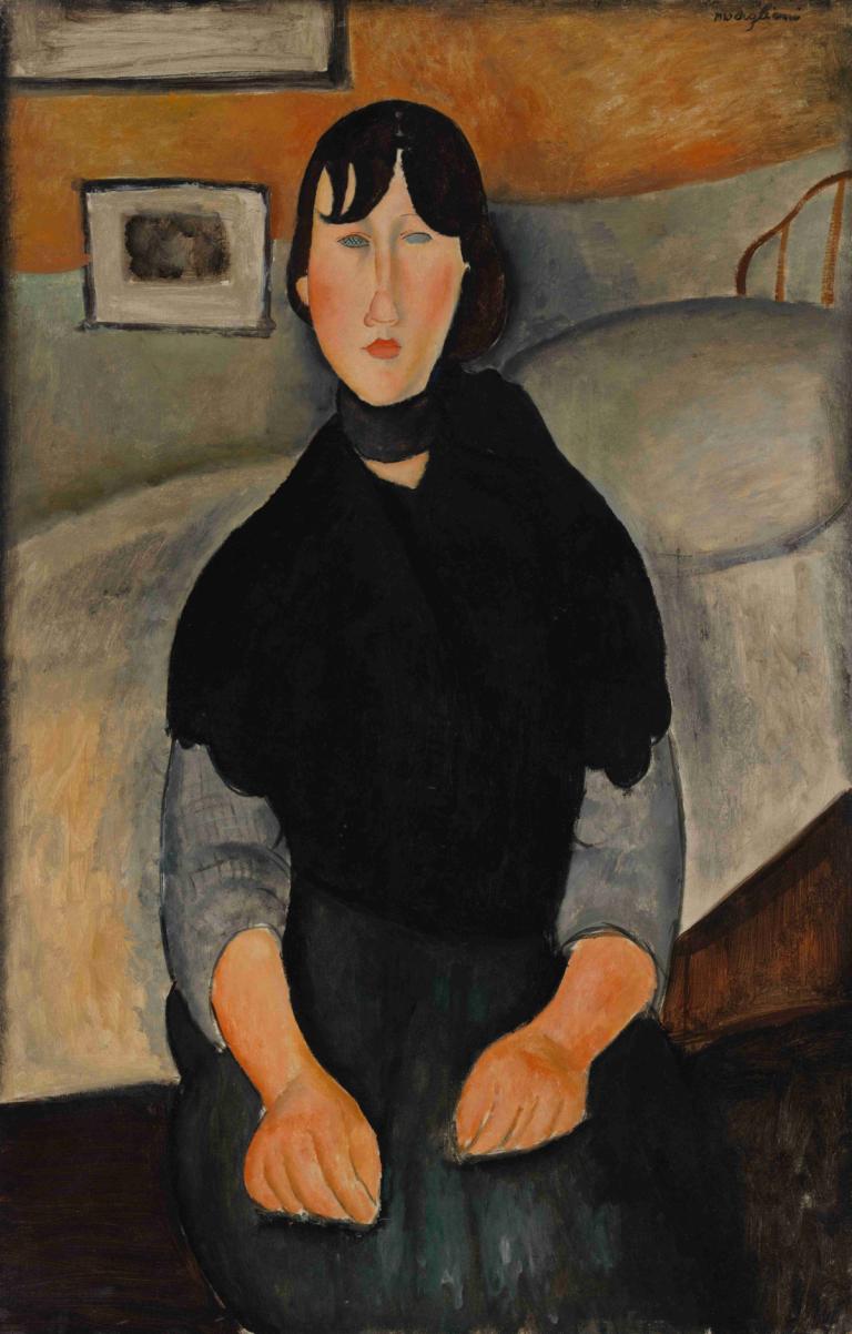 Young Woman of the People,민중의 젊은 여성,Amedeo Modigliani,아메데오 모딜리아니,오일 페인팅,오일 페인팅, 여자 1명, 독주, 흑발, 좌석, 전통 미디어, 침대