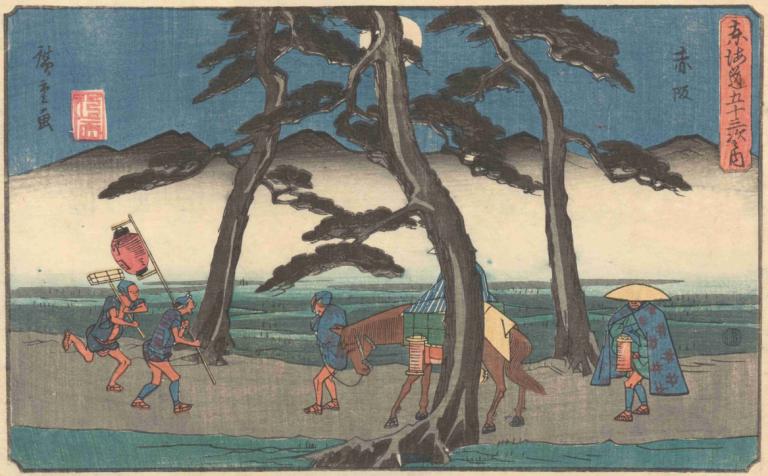 Akasaka,赤阪,Andō Hiroshige,安藤廣重,浮世繪,浮世繪, 美術模仿, 樹, 戲仿, 戶外, 多個男孩, 多個女孩, 傘, 日本衣服, 行人徒步區, 跑步