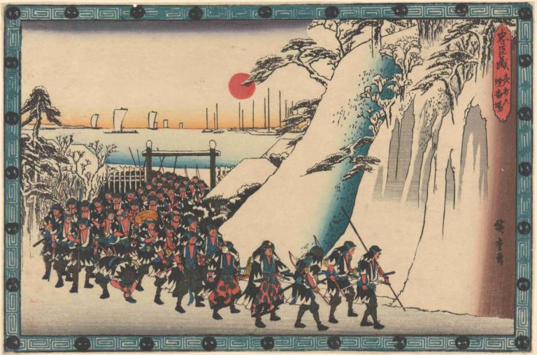 Army Rounding Hill in Snow,軍隊在雪地裡繞山,Andō Hiroshige,安藤廣重,浮世繪,浮世繪, 美術模仿, 多個男孩, 6+男孩, 武器, 劍, 男性焦點, 長柄武器, 日本衣服