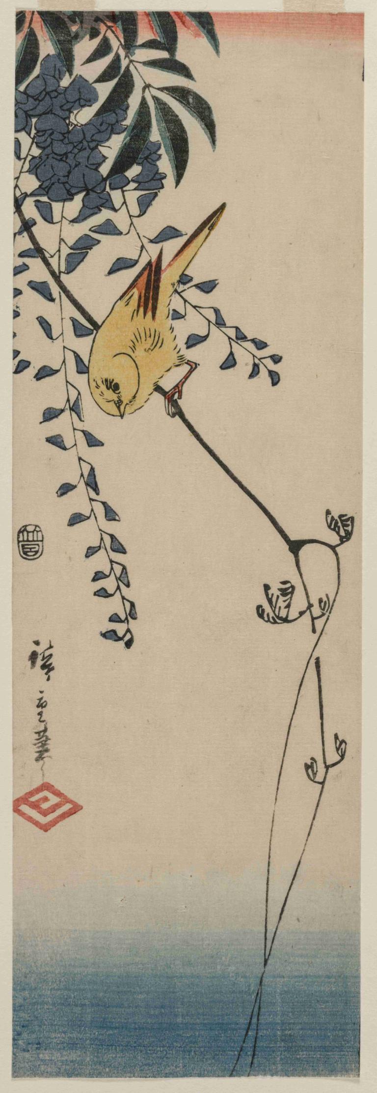 Canary and Wisteria,Andō Hiroshige,Ukiyo-E,Ukiyo-E, no humans, leaf, fine art parody, plant, branch