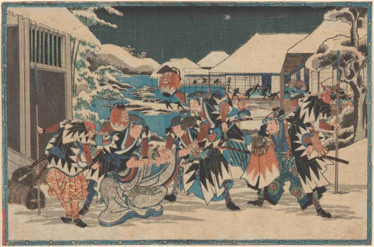 Capture of Moronao in Snow,Andō Hiroshige,Ukiyo-E,Ukiyo-E, multiple boys, 6+boys, weapon, snow, sword