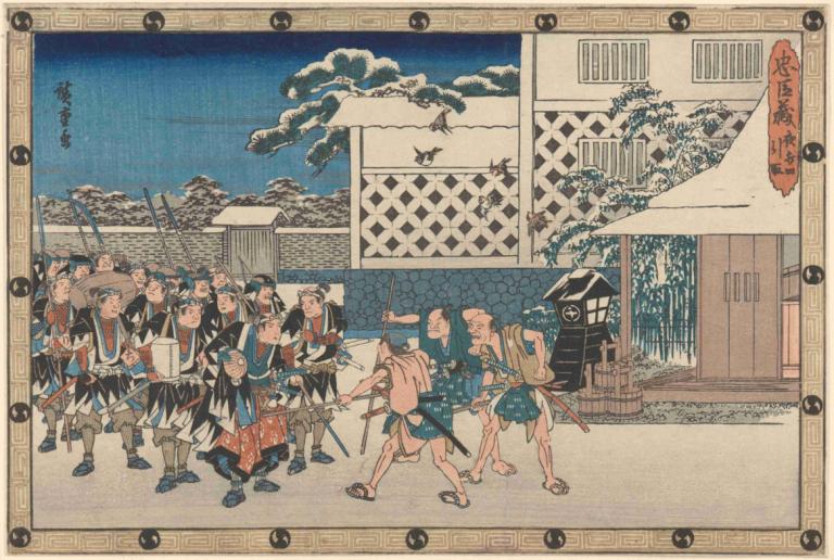 Challenging the Guards,Andō Hiroshige,Ukiyo-E,Ukiyo-E, fine art parody, 6+boys, multiple boys, parody, weapon