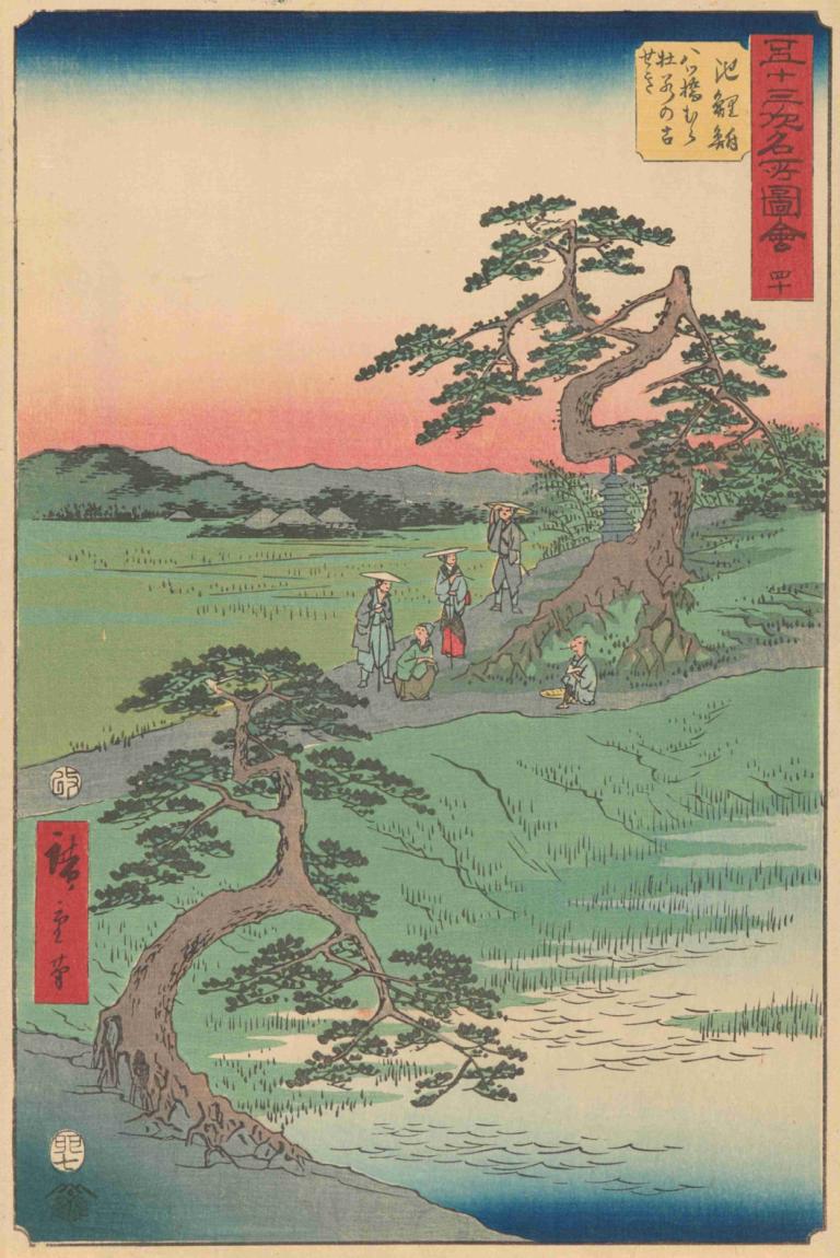 Chiriu,Andō Hiroshige,Ukiyo-E,Ukiyo-E, tree, fine art parody, outdoors, multiple boys, mountain, river