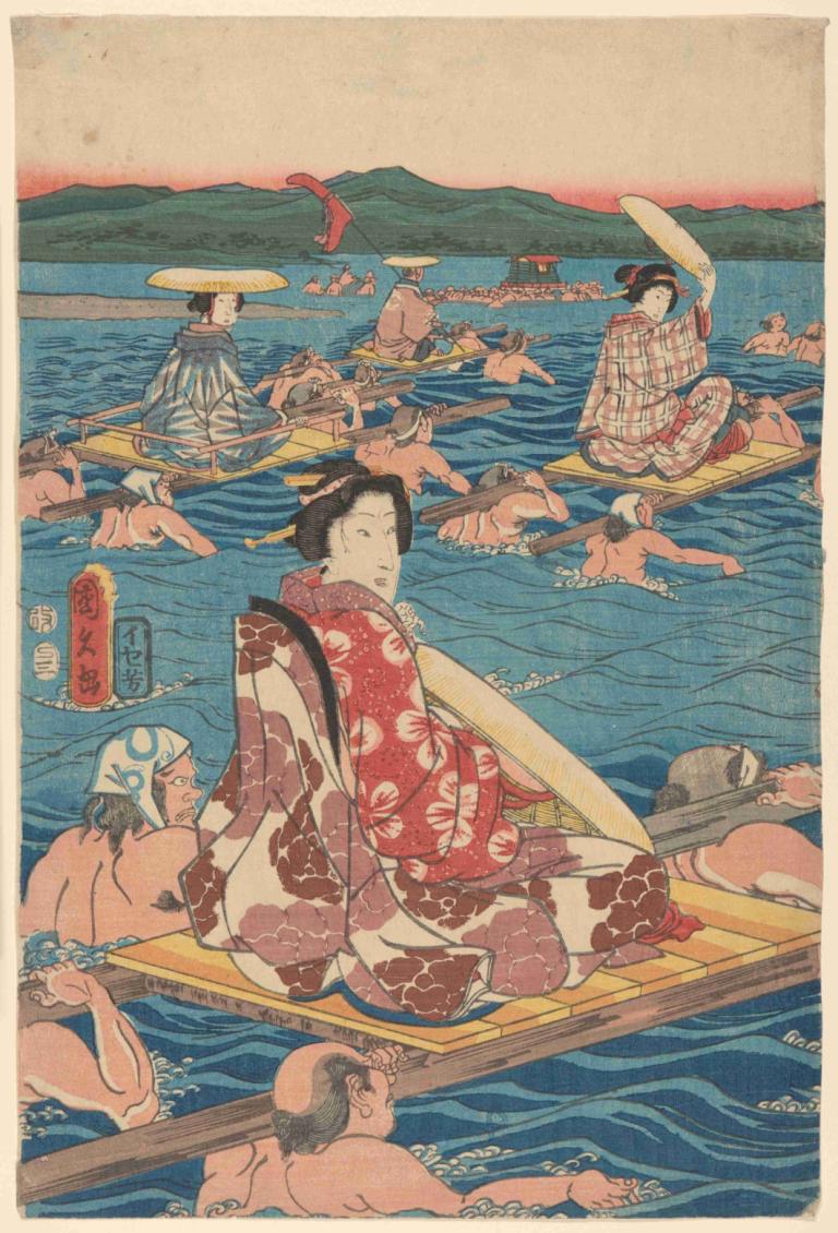 Fording a Broad River,넓은 강을 건너다,Andō Hiroshige,안도 히로시게,우키요에,우키요에, 미술 패러디, 보트, 선박, 여러 소년, 흑발, 물, 산, 일본 옷, 대양