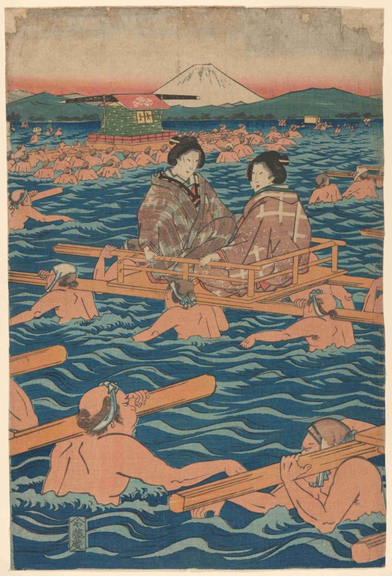 Fording a Broad River,넓은 강을 건너다,Andō Hiroshige,안도 히로시게,우키요에,우키요에, 미술 패러디, 여러 소년, 보트, 선박, 산, 물, 흑발, 짧은 머리, 대양