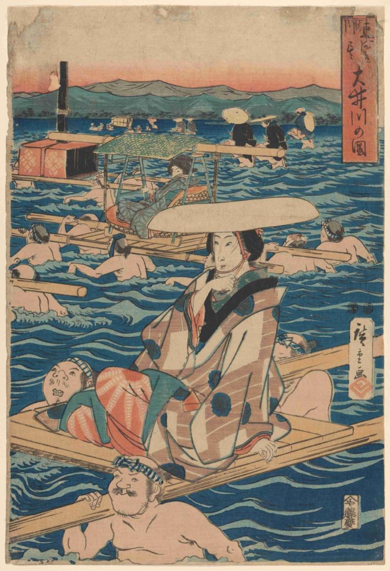 Fording a Broad River,넓은 강을 건너다,Andō Hiroshige,안도 히로시게,우키요에,우키요에, 미술 패러디, 보트, 선박, 모자, 여러 소년, 6+소년, 물