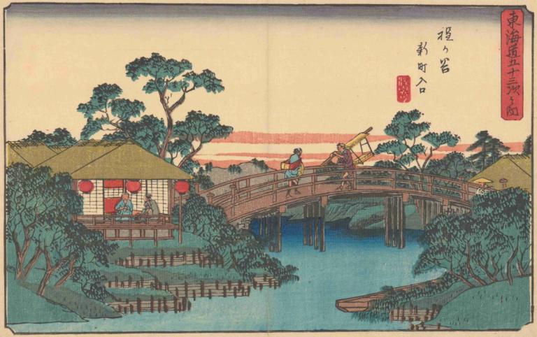 Hodogaya,Andō Hiroshige,Ukiyo-E,Ukiyo-E, träd, båt, utomhus, vattenskotrar, vatten, bro, landskap