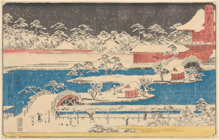 Kameido Temmaugu in Snow,눈 속의 가메이도 덴마구,Andō Hiroshige,안도 히로시게,우키요에,우키요에, 나무, 옥외, 여자 1명, 보트, 식물, 하늘, 물, 눈, 선박