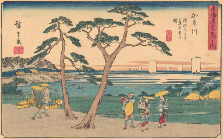 Kanagawa,카나가와,Andō Hiroshige,안도 히로시게,우키요에,우키요에, 나무, 여러 소년, 미술 패러디, 풍자적 개작 시문, 우산, 옥외, 야자수, 모자, 긴 머리