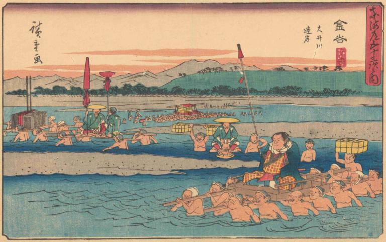 Kanaya,Andō Hiroshige,Ukiyo-E,Ukiyo-E, fine art parody, multiple boys, parody, 6+boys, boat, outdoors, water