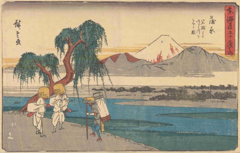 Kanbara,Andō Hiroshige,Ukiyo-E,Ukiyo-E, tree, mountain, fine art parody, multiple boys, outdoors, parody, hat