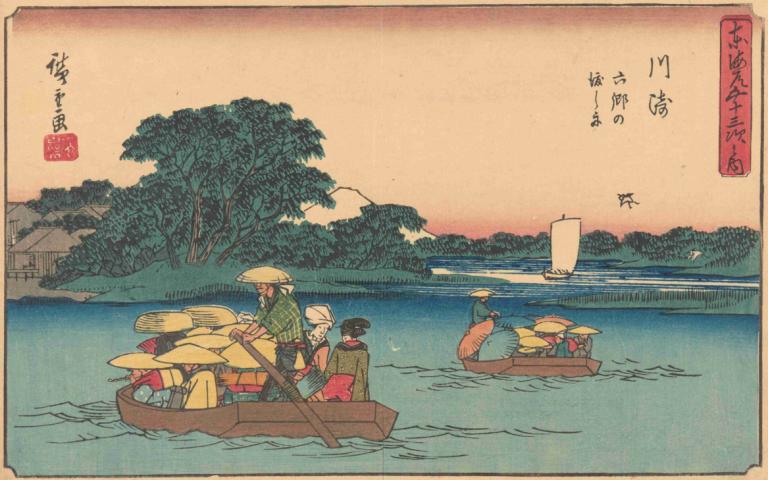 Kawasaki,Andō Hiroshige,Ukiyo-E,Ukiyo-E, boat, multiple boys, tree, watercraft, outdoors, 2boys, water