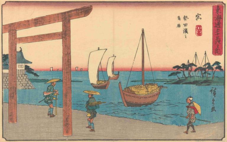 Miya,Andō Hiroshige,Ukiyo-E,Ukiyo-E, båt, vannscooter, flere gutter, hatt, kunstparodi, torii, parodi