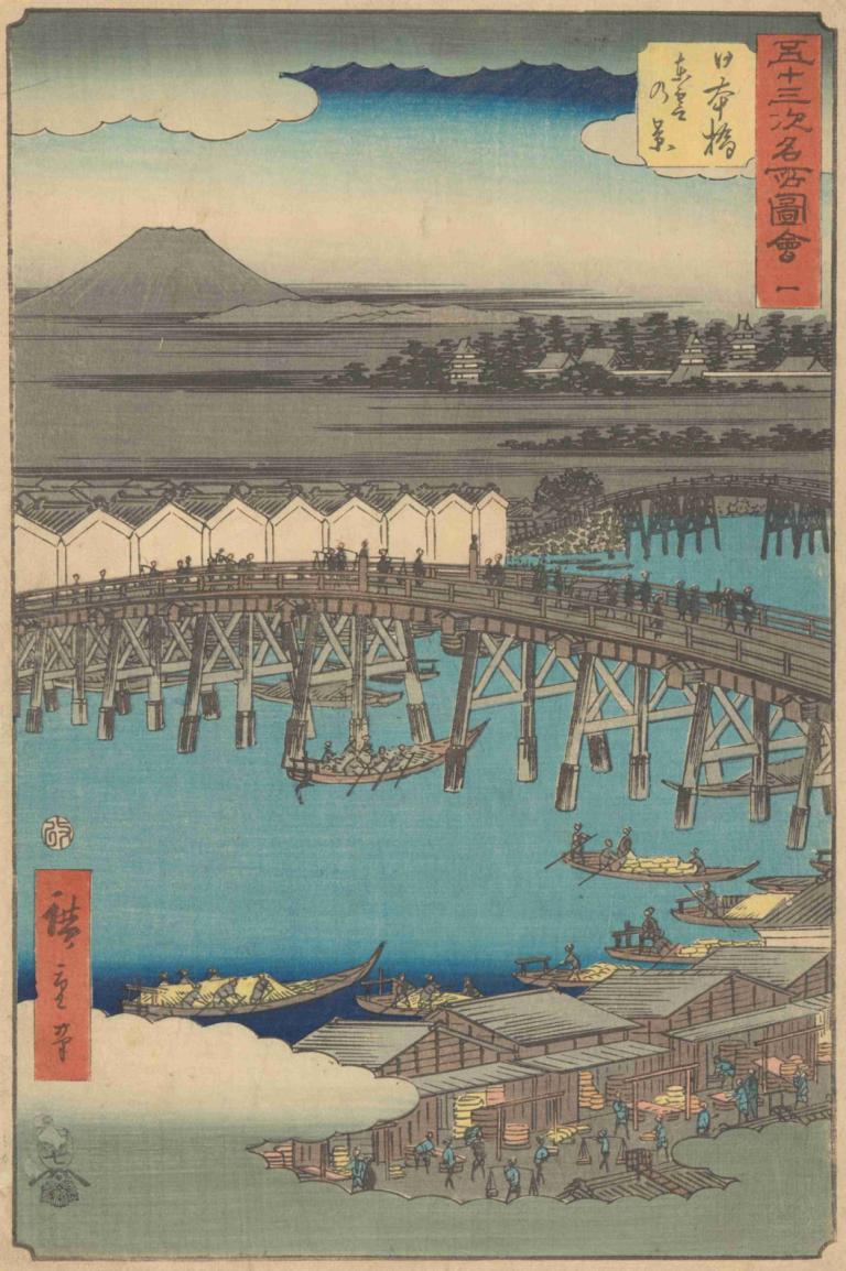 Nihonbashi,Andō Hiroshige,Ukiyo-E,Ukiyo-E, πλοίο, σκάφος, πλοίο, βουνό, ουρανός, σύννεφο, νερό