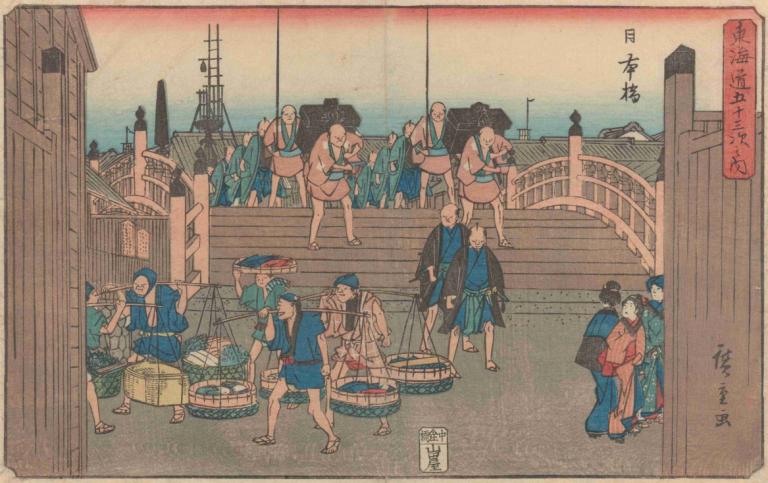 Nihonbashi,Andō Hiroshige,Ukiyo-E,Ukiyo-E, πλοίο, ιαπωνικά ρούχα, πολλά αγόρια, πολλά κορίτσια, σκάφος