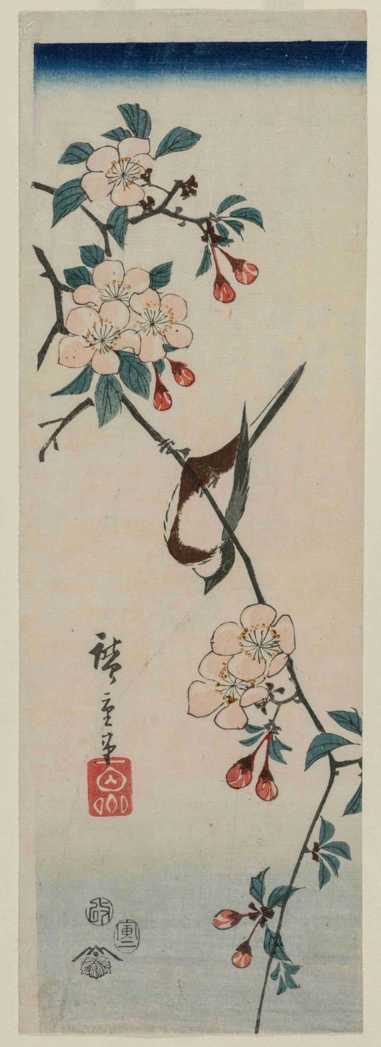 Small Bird (Swallow ) on Cherry Branch,Andō Hiroshige,Ukiyo-E,Ukiyo-E, branch, no humans, flower, leaf