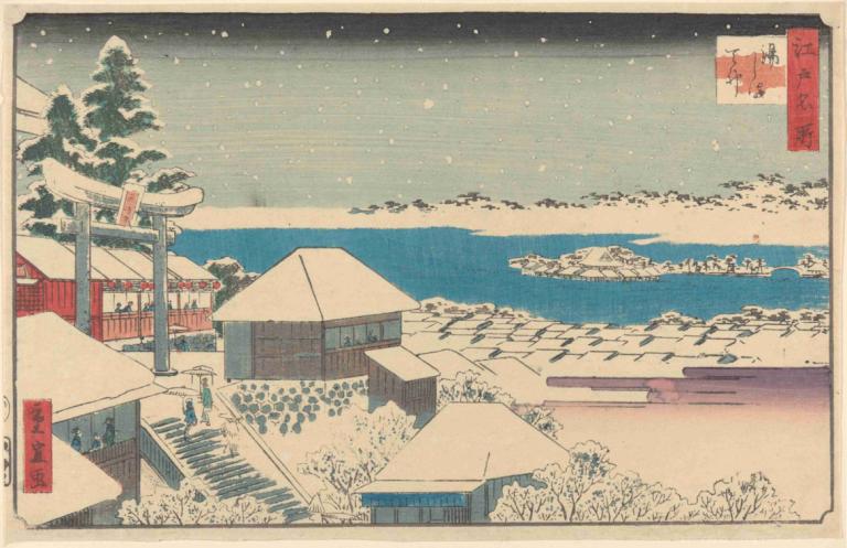 Temple Steps in Snow,Andō Hiroshige,Ukiyo-E,Ukiyo-E, outdoors, tree, border, sky, no humans, snow, scenery