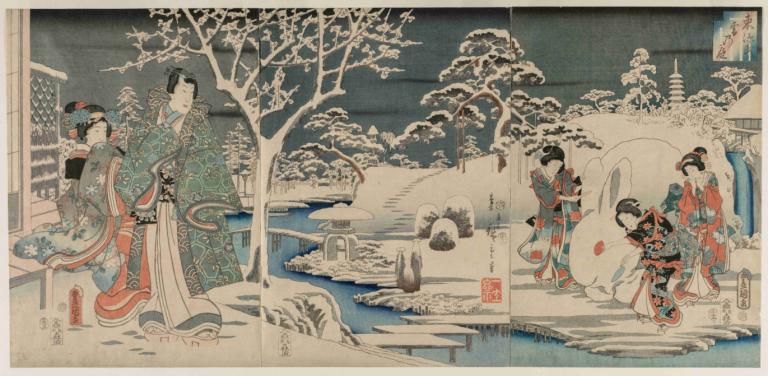 The Snowy Garden,Andō Hiroshige,Ukiyo-E,Ukiyo-E, tree, fine art parody, multiple girls, japanese clothes