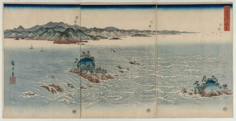 The Whirlpools of Awa,Andō Hiroshige,Ukiyo-E,Ukiyo-E, waves, no humans, ocean, water, traditional media