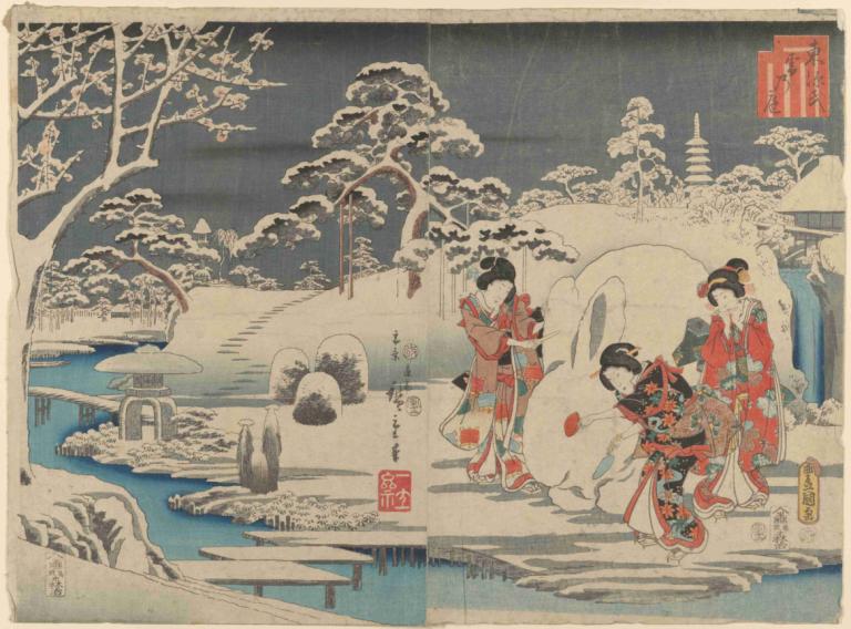 Three Women Making a Snow Rabbit in a Garden,Andō Hiroshige,Ukiyo-E,Ukiyo-E, multiple girls, tree, 3girls