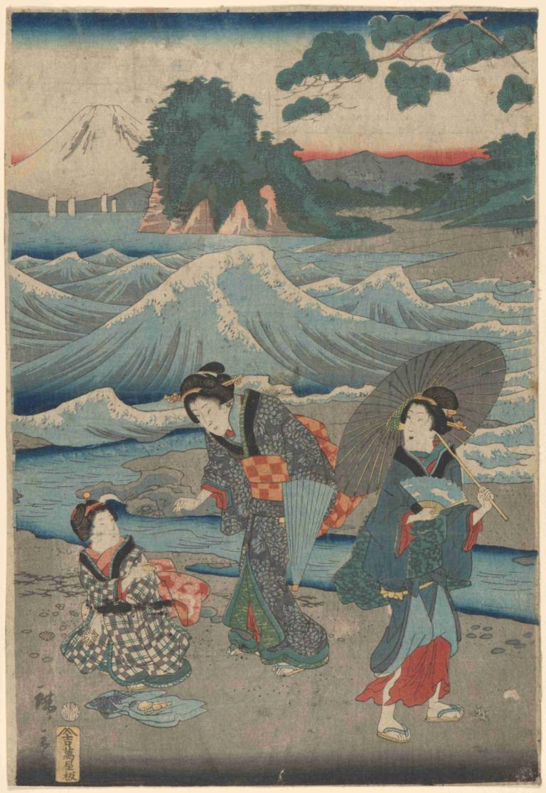 Three Women and Waves,Andō Hiroshige,Ukiyo-E,Ukiyo-E, fine art parody, multiple girls, japanese clothes