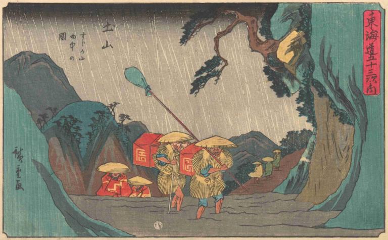 Tsuchiyama,Andō Hiroshige,Ukiyo-E,Ukiyo-E, albero, piovere, Parodia delle belle arti, all'aperto, parodia