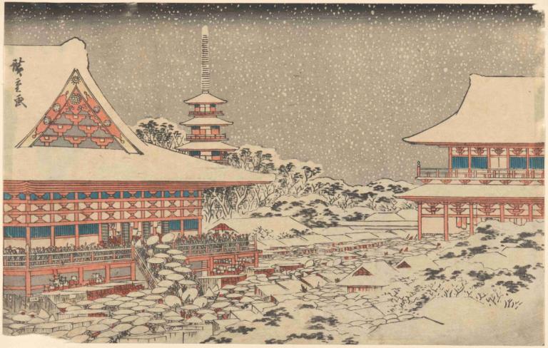 Two Red Pavilions in Snow,Dwa czerwone pawilony w śniegu,Andō Hiroshige,Ukiyo-E,Ukiyo-E, śnieg, na dworze