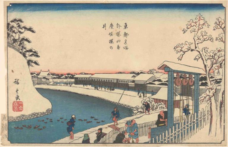 Well, Trees, Houses, People, Ducks on River,Studnia, drzewa, domy, ludzie, kaczki na rzece,Andō Hiroshige