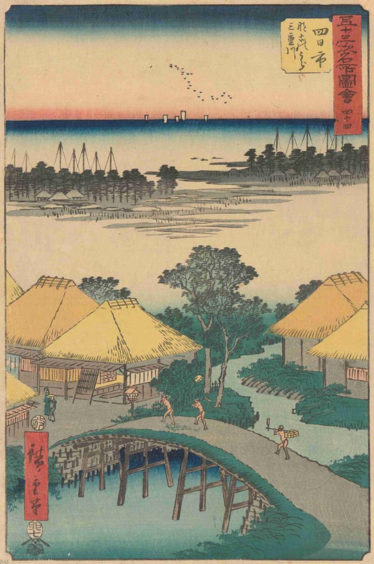 Yokkaichi,Andō Hiroshige,Ukiyo-E,Ukiyo-E, drzewo, na dworze, woda, sceneria, ptak, łódź, rzeka