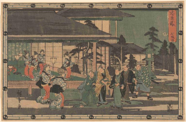 Yoshiwara (Five Ronin, Six Women),Andō Hiroshige,Ukiyo-E,Ukiyo-E, multiple boys, japanese clothes, 6+boys