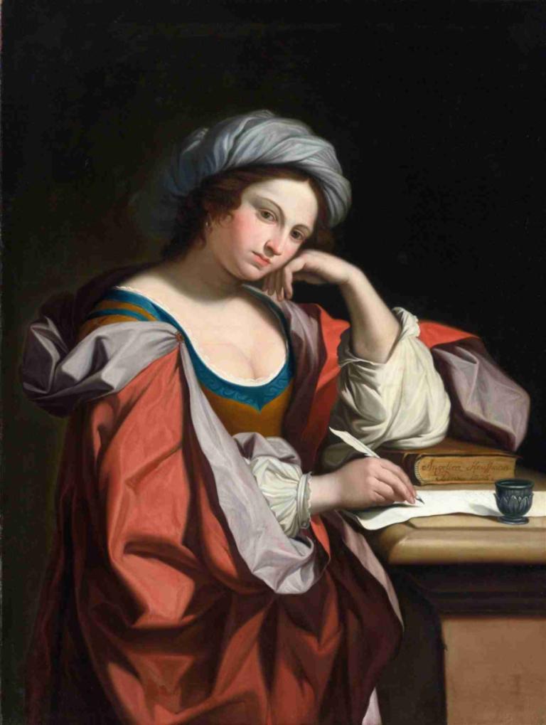 A Sybil,Angelica Kauffmann,Öljymaalaus,Öljymaalaus, 1 tyttö, yksin, pilkkominen, korut, rinnat, pöytä