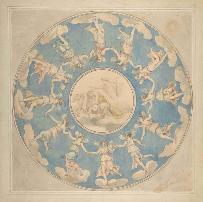 Design for Ceiling; Apollo and the Hours,Angelica Kauffmann,Fresco,Fresco, multiple girls, 6+girls, cloud