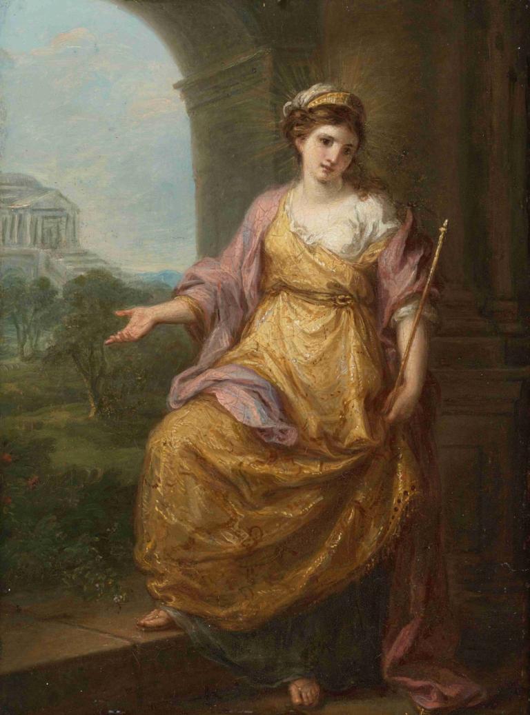 Female Allegory,Angelica Kauffmann,Oil Painting,Oil Painting, 1girl, fine art parody, solo, brown hair, dress